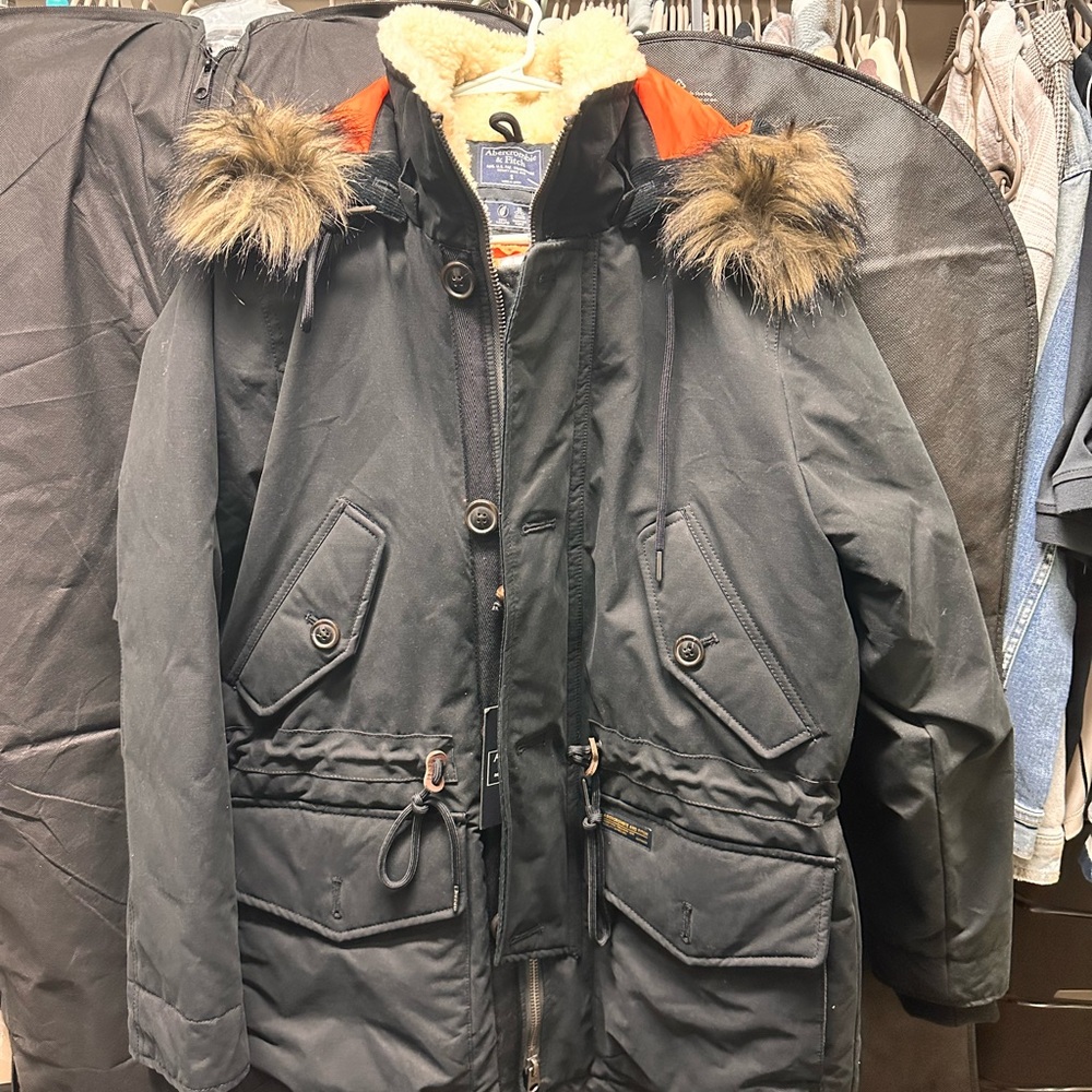 ULTRAPARKA Abercrombie & Fitch Charcoal Jacket with Cream Fur and Orange Lining